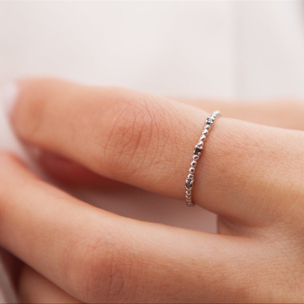 Solid 14K Gold Black Diamond Beaded Band Ring